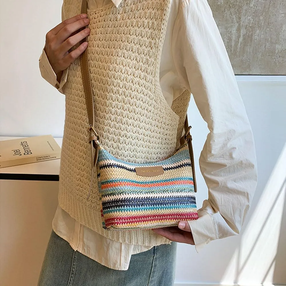 Women's Woven Beach Shoulder Handbag Colorful Straw Tote Bag Summer Vacation Crossbody Bag