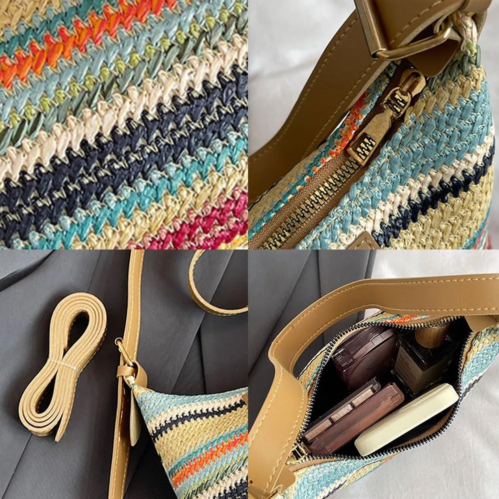 Women's Woven Beach Shoulder Handbag Colorful Straw Tote Bag Summer Vacation Crossbody Bag