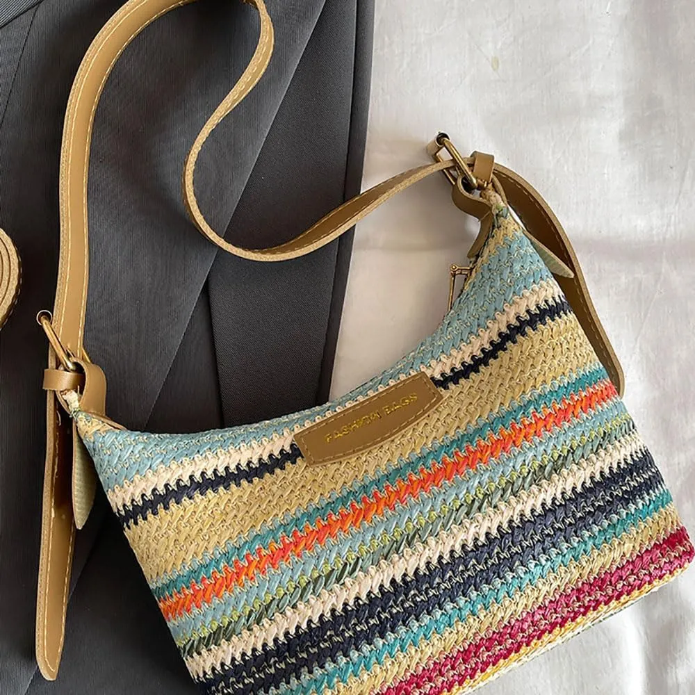 Women's Woven Beach Shoulder Handbag Colorful Straw Tote Bag Summer Vacation Crossbody Bag
