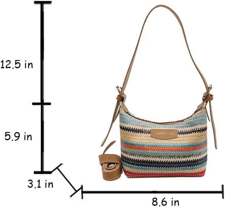 Women's Woven Beach Shoulder Handbag Colorful Straw Tote Bag Summer Vacation Crossbody Bag