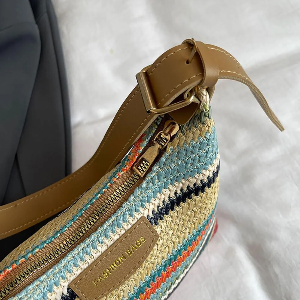 Women's Woven Beach Shoulder Handbag Colorful Straw Tote Bag Summer Vacation Crossbody Bag