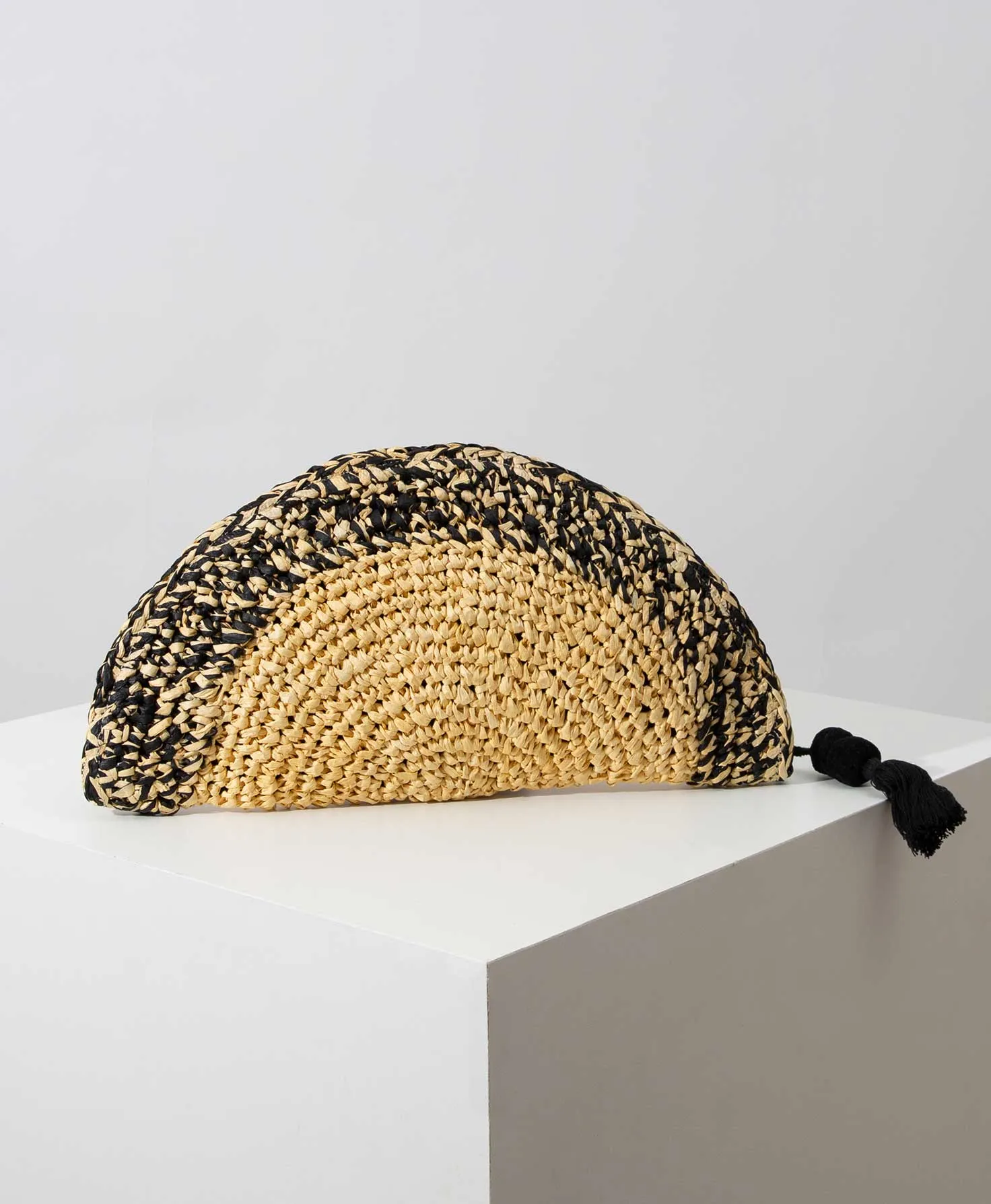 Woven Crescent Pom Pom Clutch