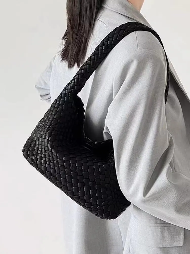 Woven Hobo Bag,Leather Woven Bag for Women,Top-handle Underarm Bags for Women,Beach Travel Handbag