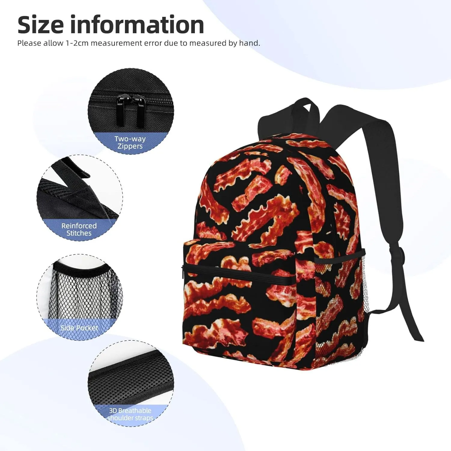 Wurton Bacon Pattern Print Multipurpose Casual Bag With Fashionable Travel,Work Outdoor Activities Backpack