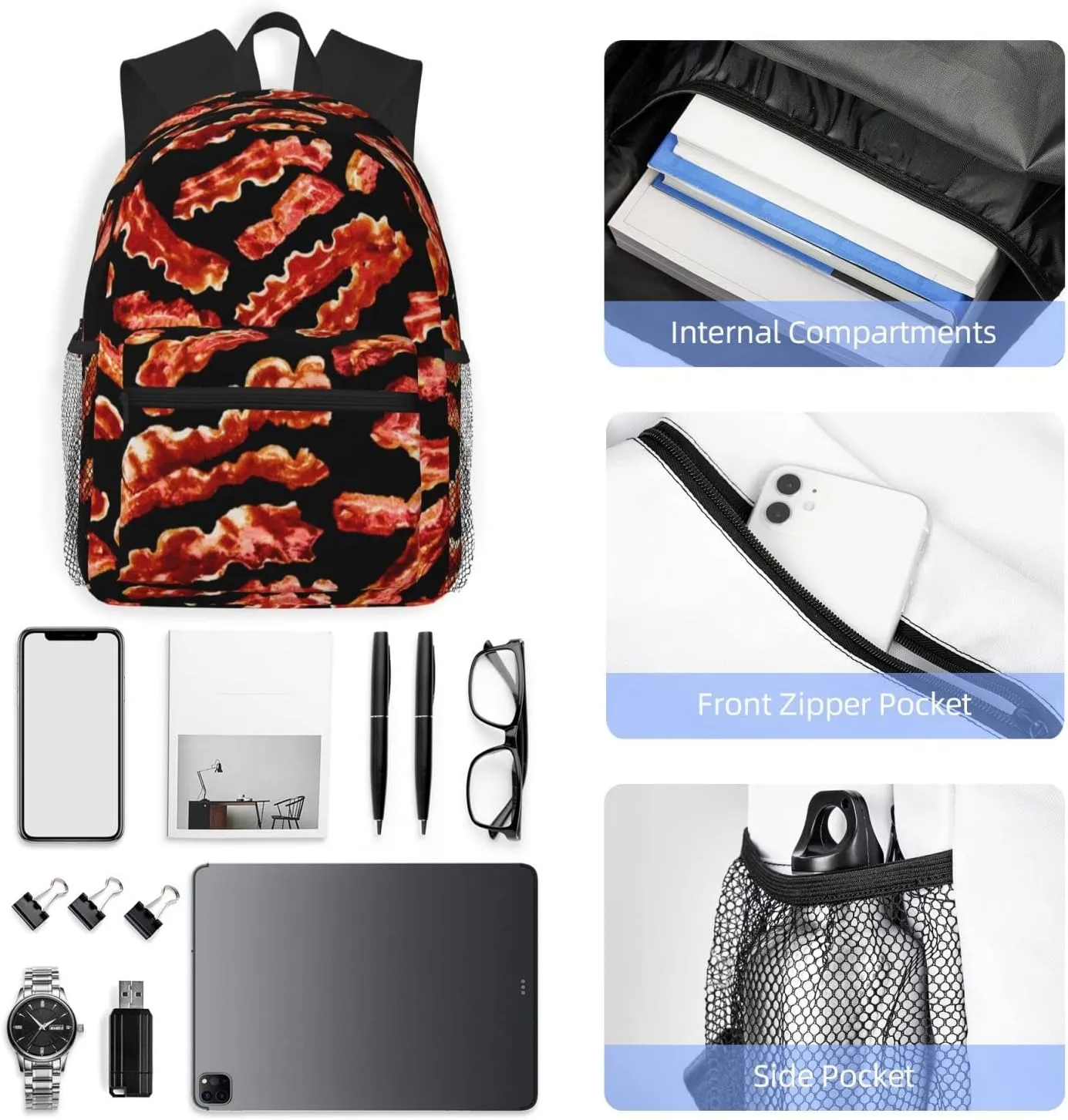 Wurton Bacon Pattern Print Multipurpose Casual Bag With Fashionable Travel,Work Outdoor Activities Backpack