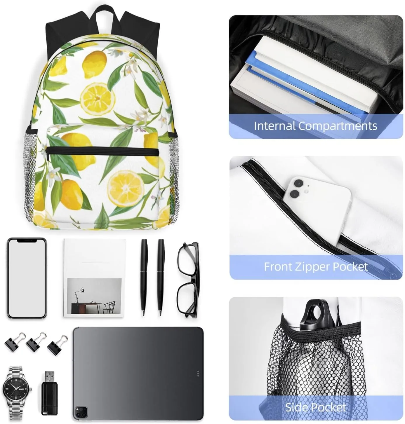 Wurton Fresh Tropical Lemons Print Multipurpose Casual Bag With Fashionable Travel,Work Outdoor Activities Backpack