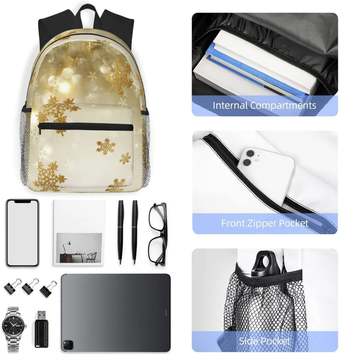 Wurton Gold Silk Christmas Print Multipurpose Casual Bag With Fashionable Travel,Work Outdoor Activities Backpack