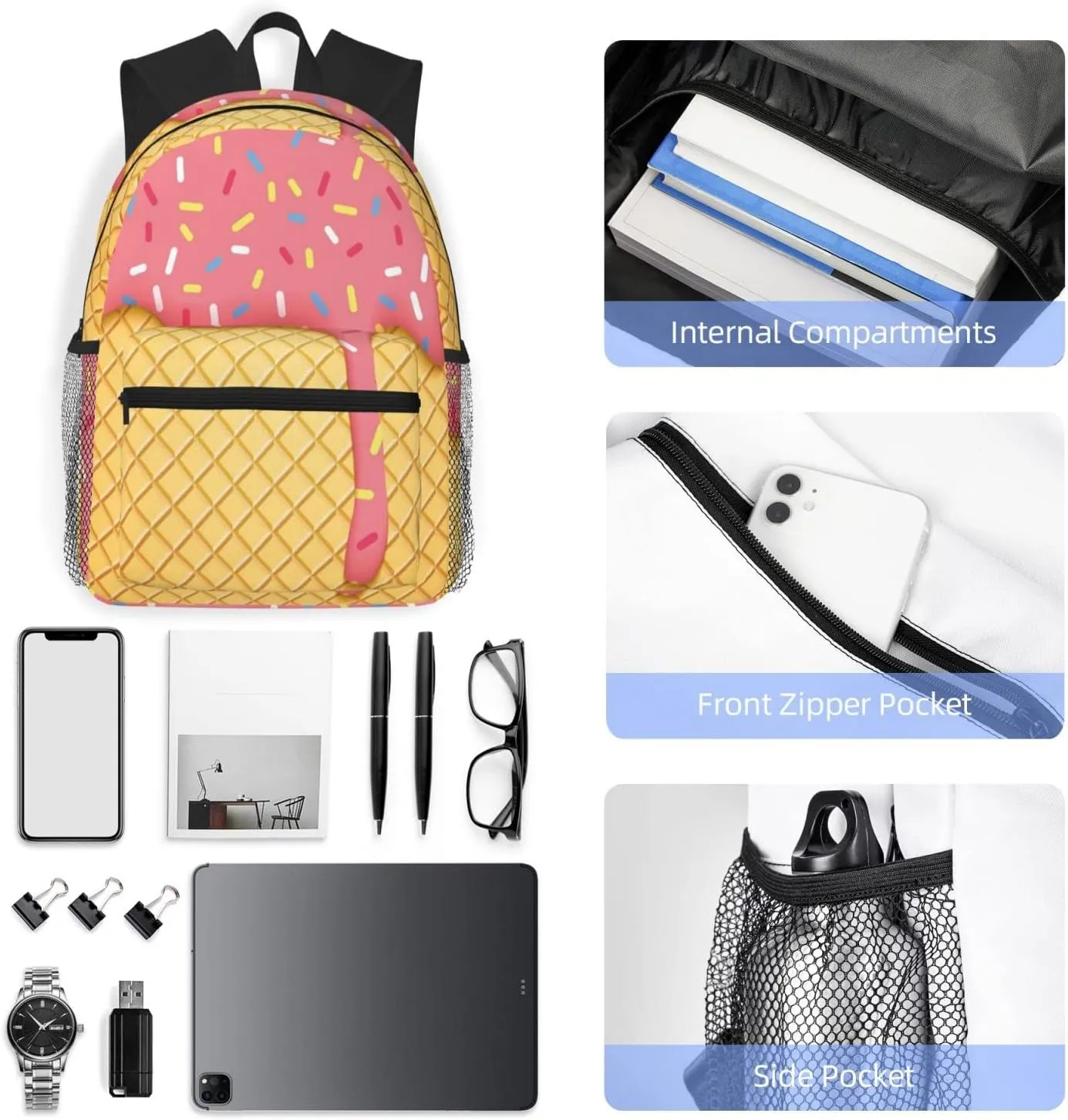 Wurton Ice Cream And Waffle Pattern Print Multipurpose Casual Bag With Fashionable Travel,Work Outdoor Activities Backpack