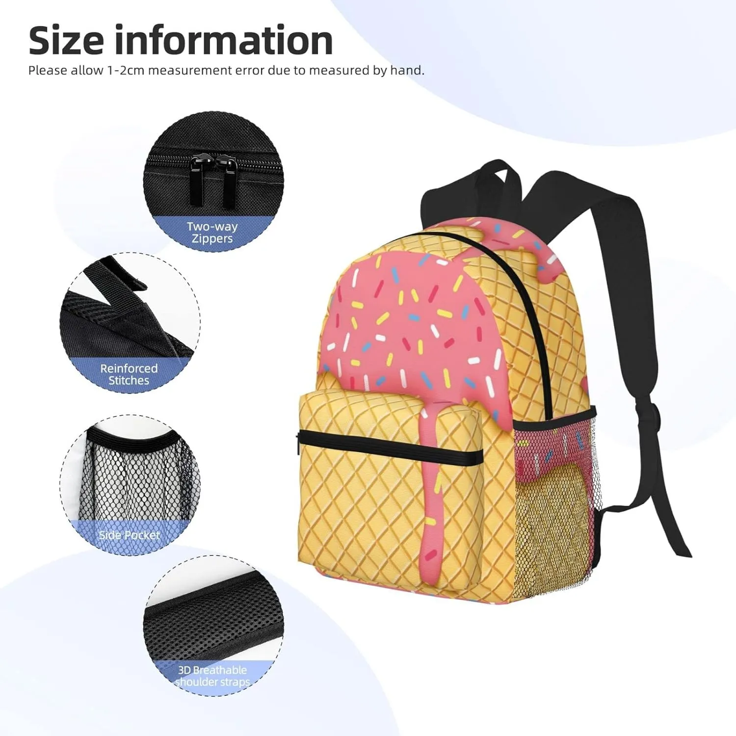 Wurton Ice Cream And Waffle Pattern Print Multipurpose Casual Bag With Fashionable Travel,Work Outdoor Activities Backpack