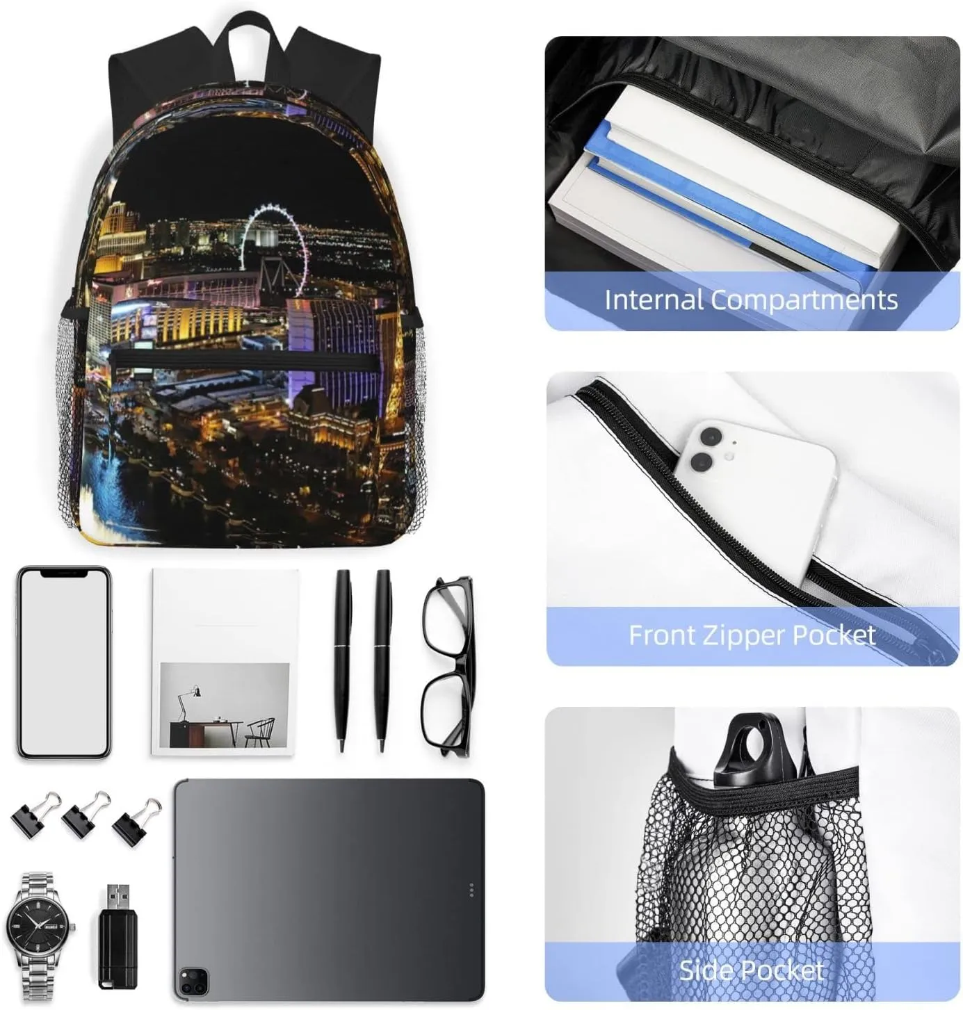 Wurton Las Vegas Night View Print Multipurpose Casual Bag With Fashionable Travel,Work Outdoor Activities Backpack