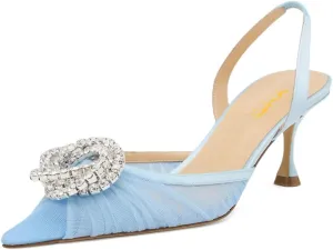 XYD Women Gauze Mesh Crystal Slingback Pumps Pointed Toe Elegant Low Heels Evening Wedding Party Shoes