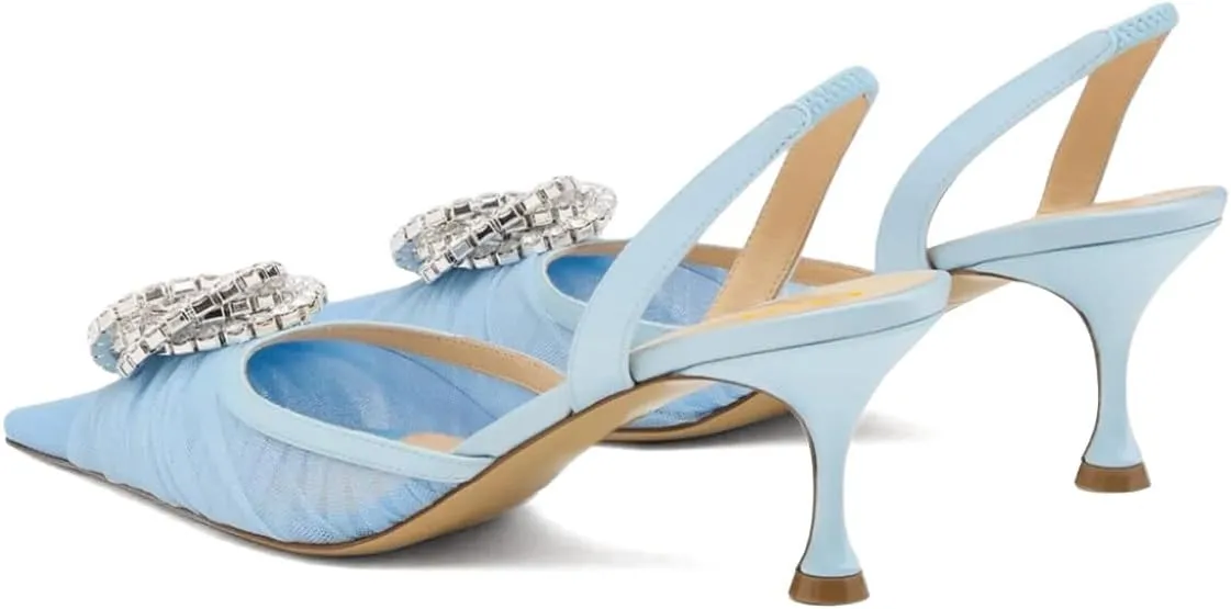 XYD Women Gauze Mesh Crystal Slingback Pumps Pointed Toe Elegant Low Heels Evening Wedding Party Shoes