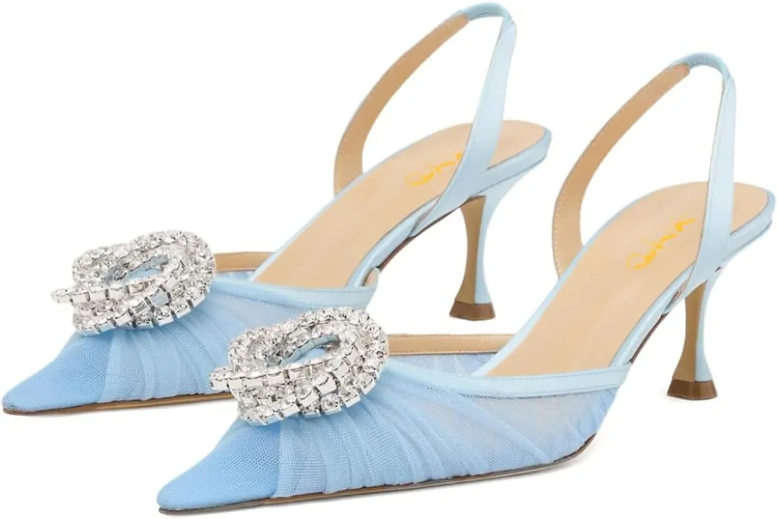 XYD Women Gauze Mesh Crystal Slingback Pumps Pointed Toe Elegant Low Heels Evening Wedding Party Shoes