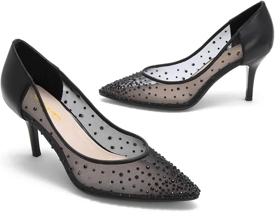 XYD Women Mid Low Heels Pumps Sheer Mesh Crystal Studs Closed Pointed Toe Sexy Bridal Party Mother Shoes
