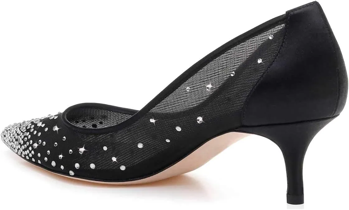 XYD Women Mid Low Heels Pumps Sheer Mesh Crystal Studs Closed Pointed Toe Sexy Bridal Party Mother Shoes