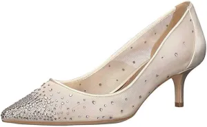 XYD Women Mid Low Heels Pumps Sheer Mesh Crystal Studs Closed Pointed Toe Sexy Bridal Party Mother Shoes