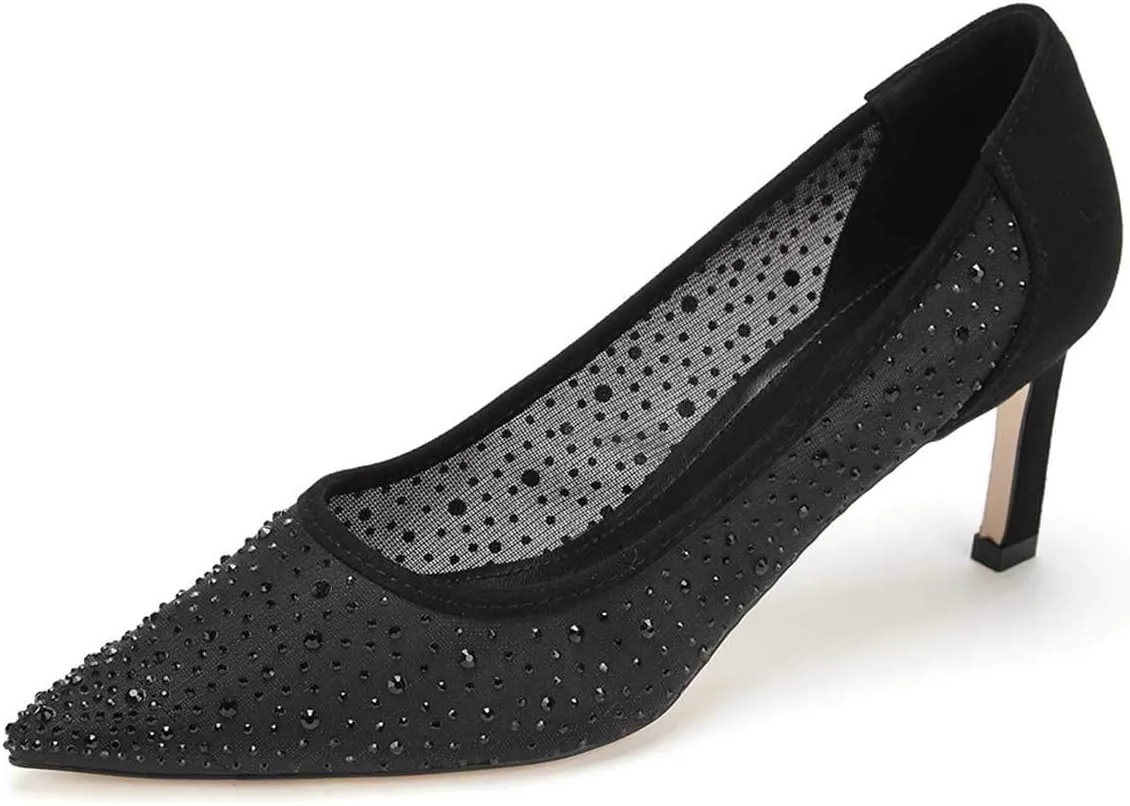 XYD Women Mid Low Heels Pumps Sheer Mesh Crystal Studs Closed Pointed Toe Sexy Bridal Party Mother Shoes