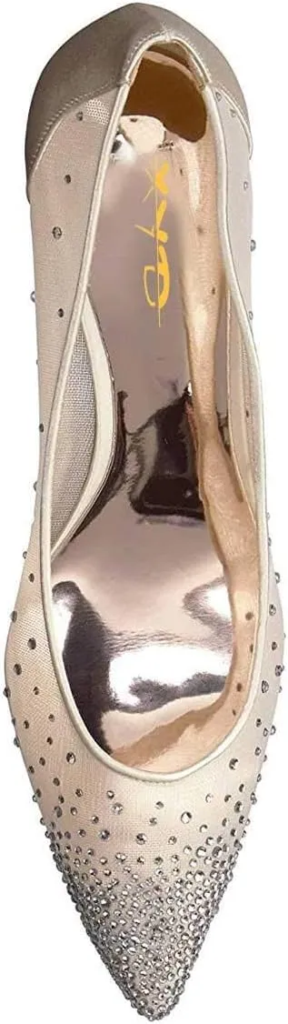 XYD Women Mid Low Heels Pumps Sheer Mesh Crystal Studs Closed Pointed Toe Sexy Bridal Party Mother Shoes