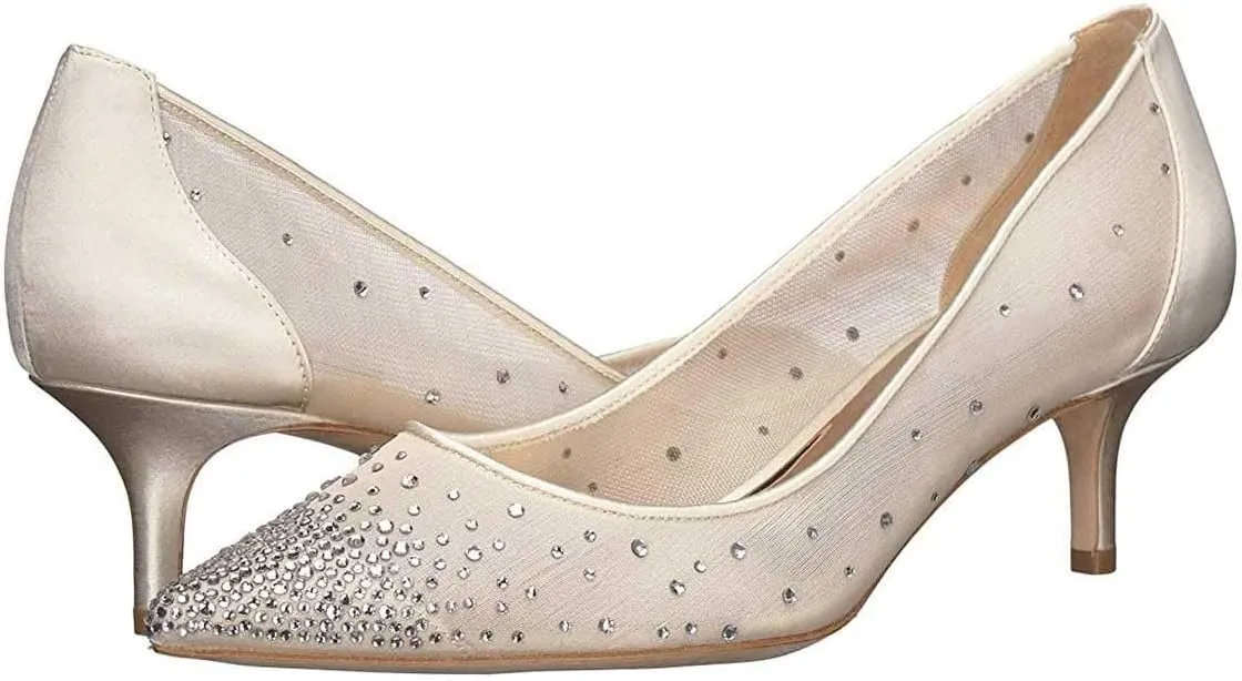 XYD Women Mid Low Heels Pumps Sheer Mesh Crystal Studs Closed Pointed Toe Sexy Bridal Party Mother Shoes
