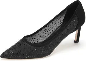 XYD Women Mid Low Heels Pumps Sheer Mesh Crystal Studs Closed Pointed Toe Sexy Bridal Party Mother Shoes