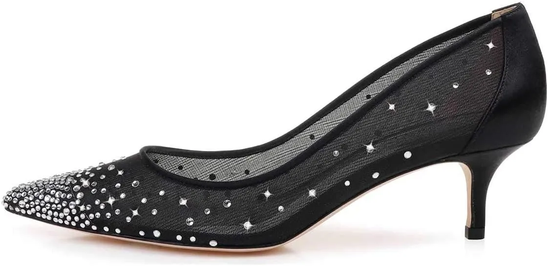 XYD Women Mid Low Heels Pumps Sheer Mesh Crystal Studs Closed Pointed Toe Sexy Bridal Party Mother Shoes