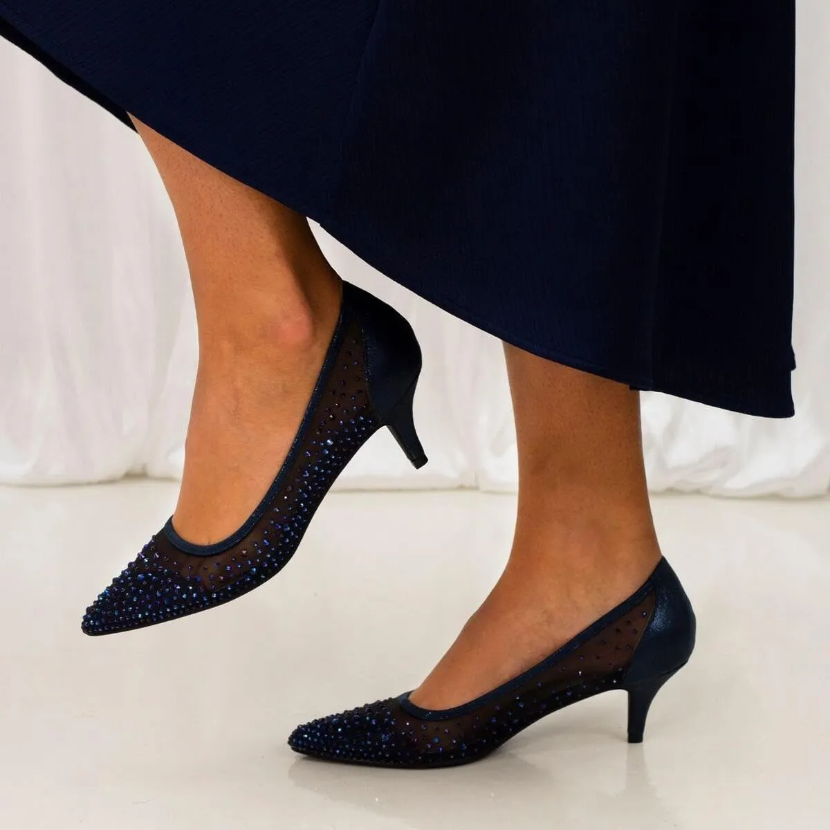 XYD Women's Pointed Closed Toe Slip On Graceful Mesh Pumps Rhinestone Studs Comfy Kitten Heels Shoes for Mother Brides Wedding Party