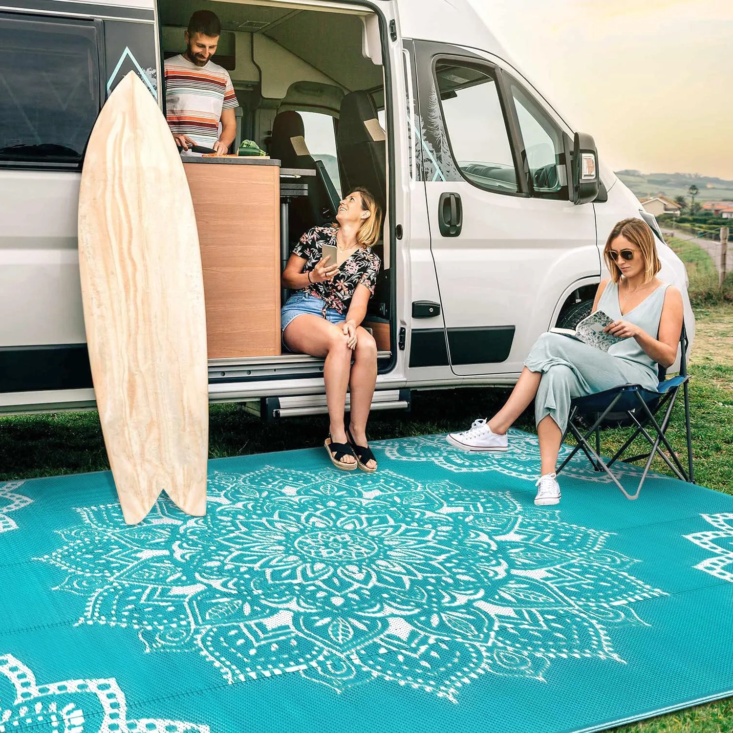 Yamaziot Waterproof Outdoor Rug 5x8 ft, Reversible Plastic Straw Rug for Patio Clearance, Camping, RV Mat, Large Outside Rug Carpet for Porch, Deck, Backyard, Balcony, Picnic (Blue)