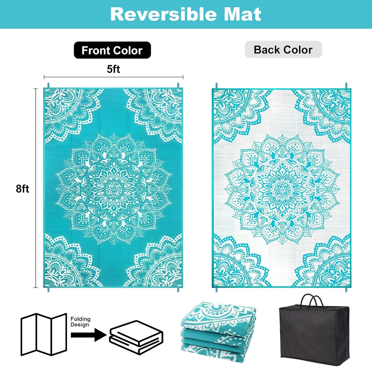 Yamaziot Waterproof Outdoor Rug 5x8 ft, Reversible Plastic Straw Rug for Patio Clearance, Camping, RV Mat, Large Outside Rug Carpet for Porch, Deck, Backyard, Balcony, Picnic (Blue)