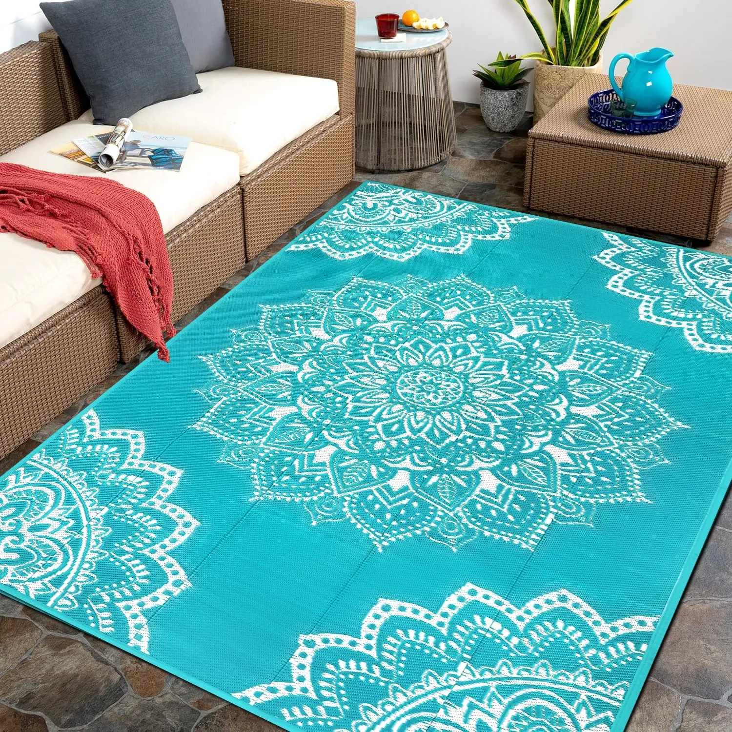Yamaziot Waterproof Outdoor Rug 5x8 ft, Reversible Plastic Straw Rug for Patio Clearance, Camping, RV Mat, Large Outside Rug Carpet for Porch, Deck, Backyard, Balcony, Picnic (Blue)