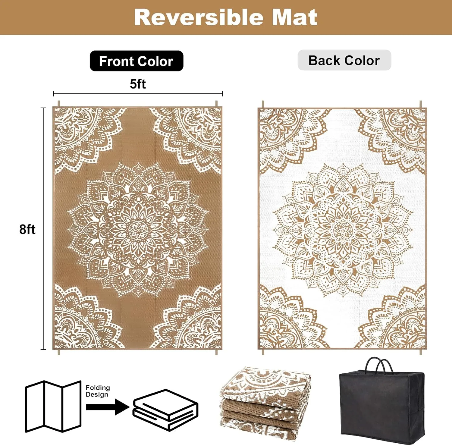 Yamaziot Waterproof Outdoor Rug 5x8 ft, Reversible Plastic Straw Rug for Patio Clearance, Camping, RV Mat, Large Outside Rug Carpet for Porch, Deck, Backyard, Balcony, Picnic (Brown)
