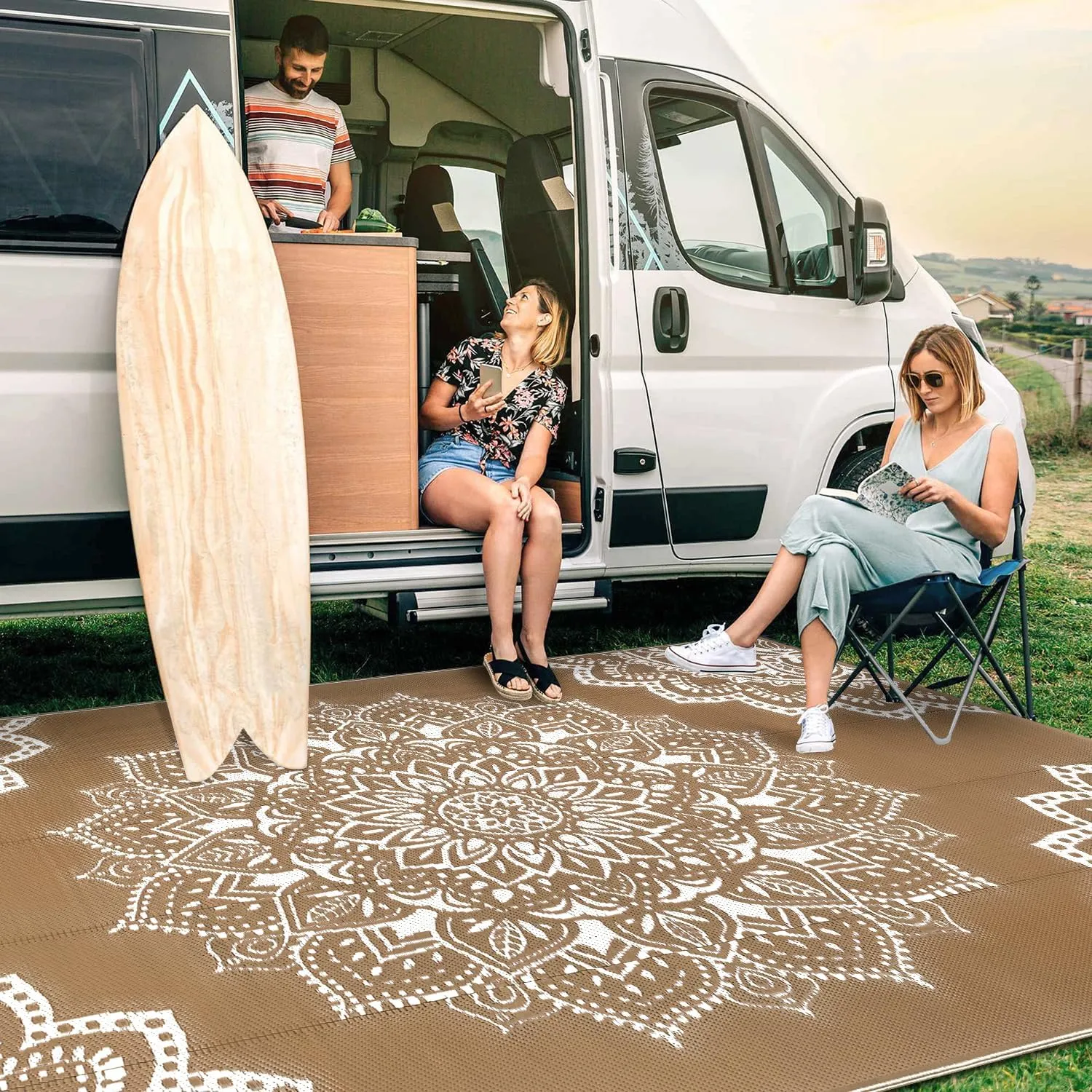 Yamaziot Waterproof Outdoor Rug 5x8 ft, Reversible Plastic Straw Rug for Patio Clearance, Camping, RV Mat, Large Outside Rug Carpet for Porch, Deck, Backyard, Balcony, Picnic (Brown)