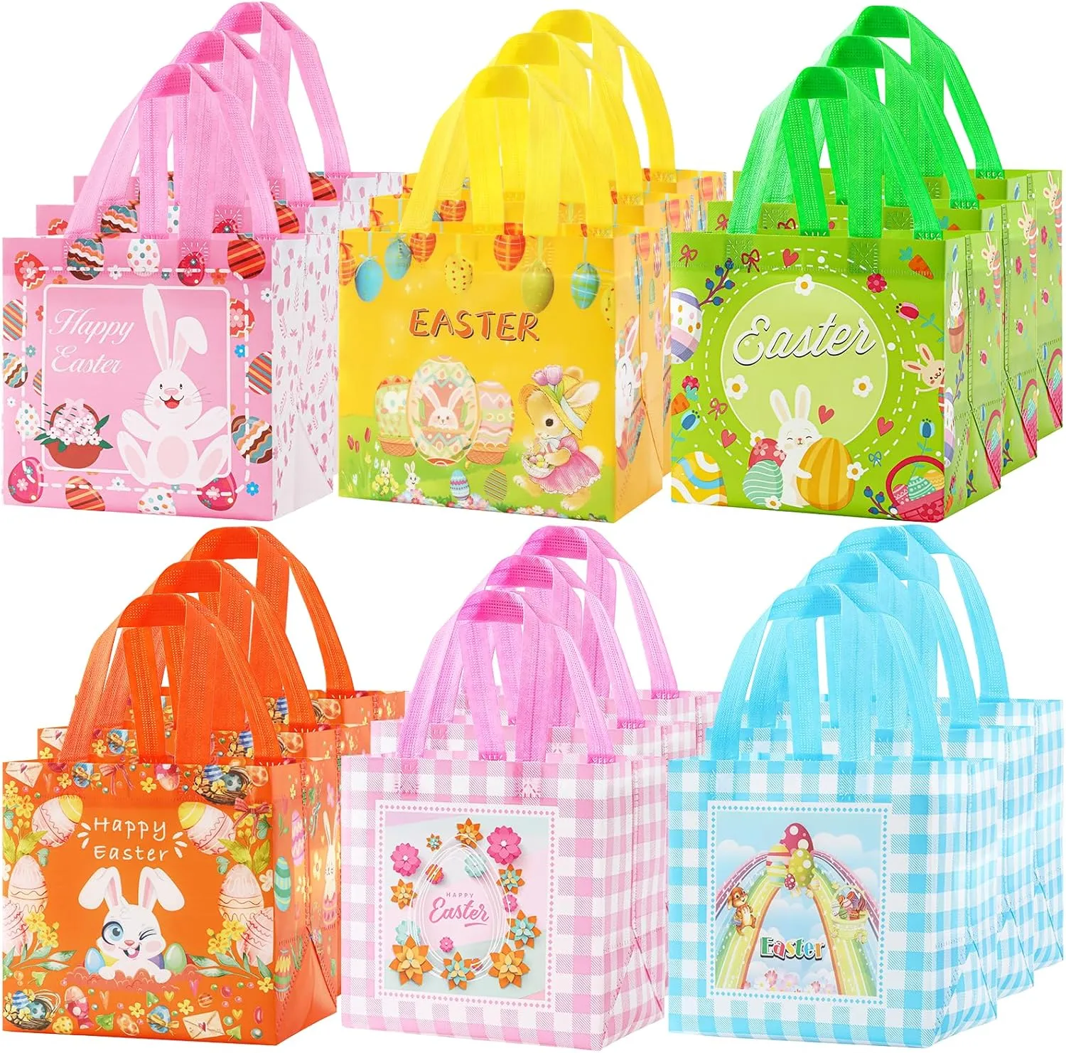 YANGTE Easter Gift Bags 18pack- Easter Baskets Open Size 8.2 x 5.8 x 8.2in - Non-Woven Gift Bags for Kids with Handle Spring Party Supplies