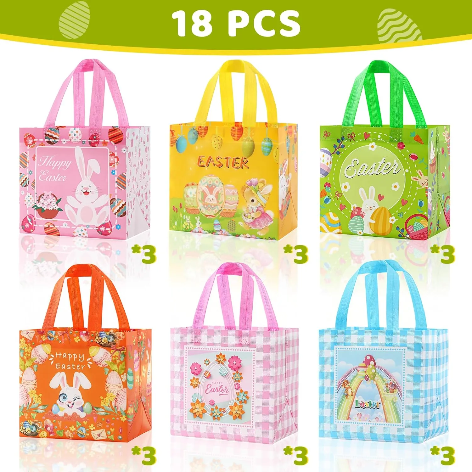 YANGTE Easter Gift Bags 18pack- Easter Baskets Open Size 8.2 x 5.8 x 8.2in - Non-Woven Gift Bags for Kids with Handle Spring Party Supplies