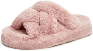 YDN Women Fuzzy Memory Foam Slippers Furry Heeled Slides Open Toe Indoor Outdoor Sandals Cross Band Slip On House Shoes Size 4-15 US