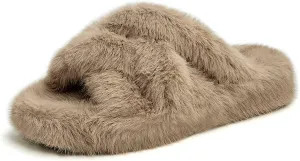 YDN Women Fuzzy Memory Foam Slippers Furry Heeled Slides Open Toe Indoor Outdoor Sandals Cross Band Slip On House Shoes Size 4-15 US