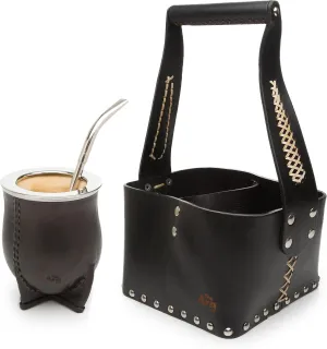 Yerba Mate Travel Bag Set Picnic Basket Leather Made bolso matero Matera from Argentina Brown Imperial Gourd bombilla Argentino kit Uruguayo Cup calabaza Premium Alpaca