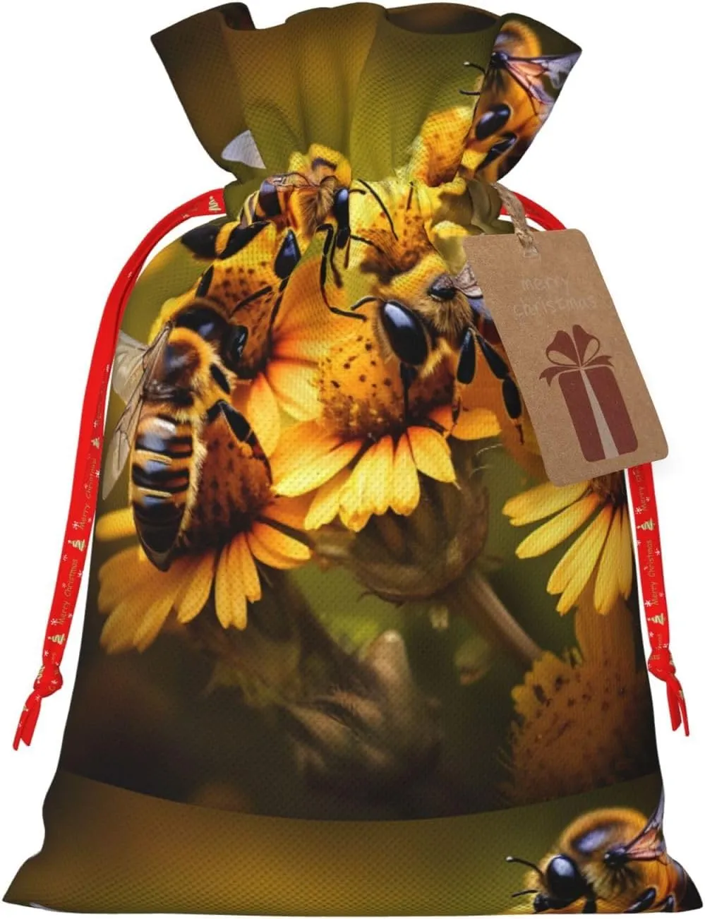 YHBLYKXP Rural Honey Bees flowers print Drawstring Christmas Packing Bag Reusable Present Bag for Birthday Thanksgiving Party