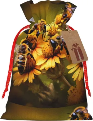 YHBLYKXP Rural Honey Bees flowers print Drawstring Christmas Packing Bag Reusable Present Bag for Birthday Thanksgiving Party
