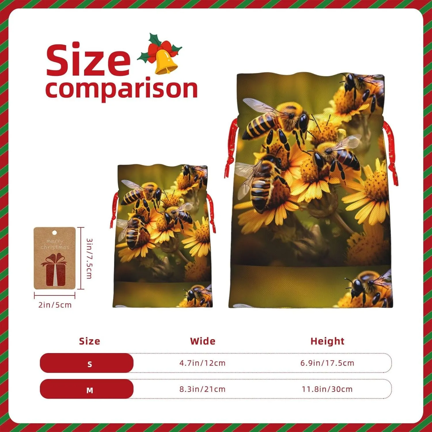 YHBLYKXP Rural Honey Bees flowers print Drawstring Christmas Packing Bag Reusable Present Bag for Birthday Thanksgiving Party