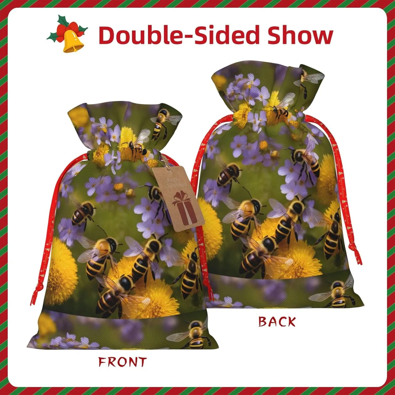 YHBLYKXP Rural Honey Bees Wildflowers print Drawstring Christmas Packing Bag Reusable Present Bag for Birthday Thanksgiving Party
