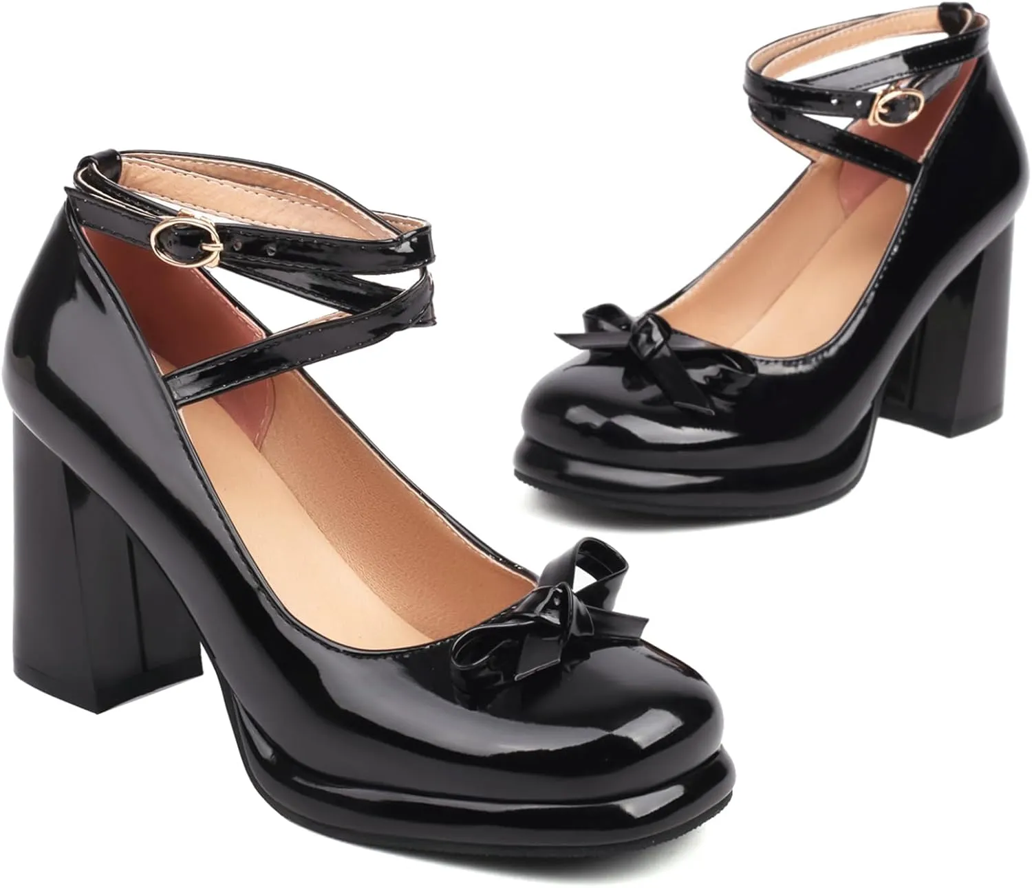 YIYA Women's Platform Mary Jane Shoes Pumps Heels Bow Lolita Platform Chunky Block High Heels Close Round Toe Ankle Buckle Strappy Cute Party Dress Shoes
