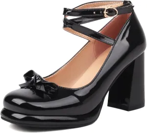 YIYA Women's Platform Mary Jane Shoes Pumps Heels Bow Lolita Platform Chunky Block High Heels Close Round Toe Ankle Buckle Strappy Cute Party Dress Shoes