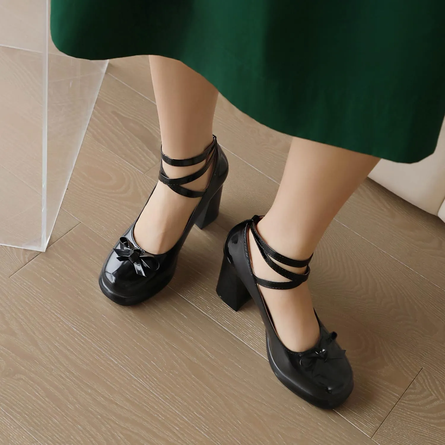 YIYA Women's Platform Mary Jane Shoes Pumps Heels Bow Lolita Platform Chunky Block High Heels Close Round Toe Ankle Buckle Strappy Cute Party Dress Shoes