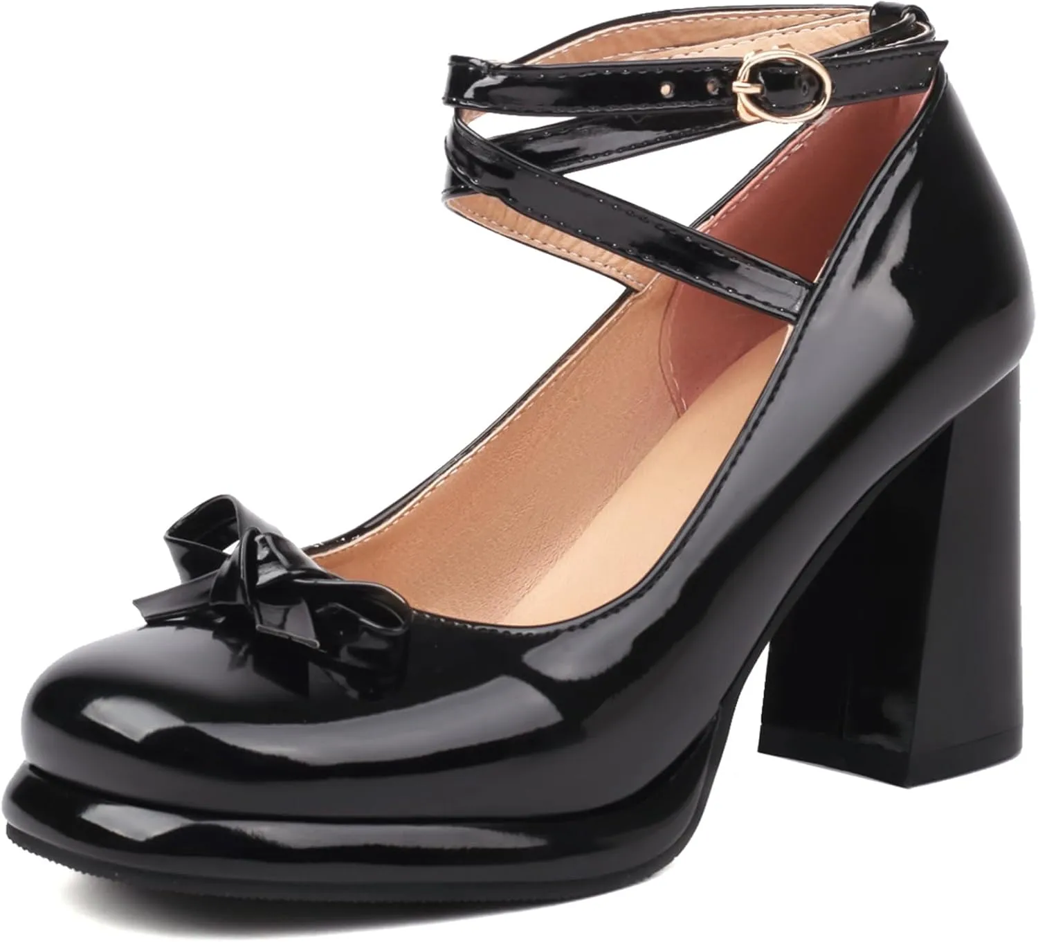 YIYA Women's Platform Mary Jane Shoes Pumps Heels Bow Lolita Platform Chunky Block High Heels Close Round Toe Ankle Buckle Strappy Cute Party Dress Shoes