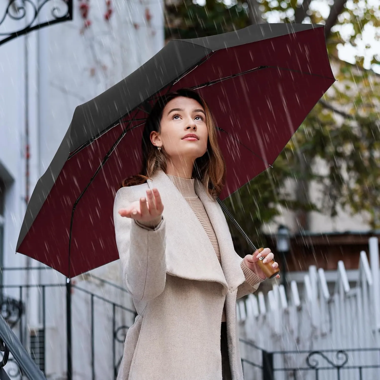 Yoobure Windproof Travel Umbrella with Wood Handle, Automatic Umbrellas for Rain & UV Sun Protection, Compact 46" Large Canopy, Lightweight Backpack Portable for Walking & Outdoor