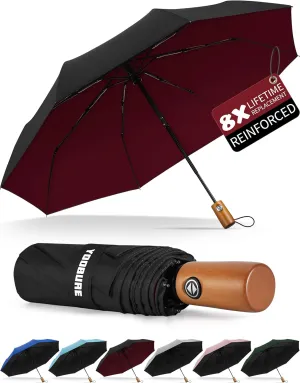 Yoobure Windproof Travel Umbrella with Wood Handle, Automatic Umbrellas for Rain & UV Sun Protection, Compact 46" Large Canopy, Lightweight Backpack Portable for Walking & Outdoor