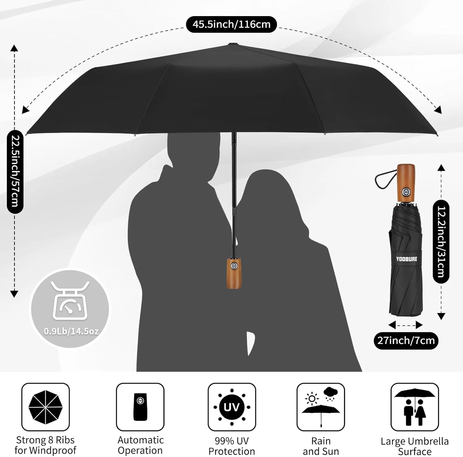 Yoobure Windproof Travel Umbrella with Wood Handle, Automatic Umbrellas for Rain & UV Sun Protection, Compact 46" Large Canopy, Lightweight Backpack Portable for Walking & Outdoor