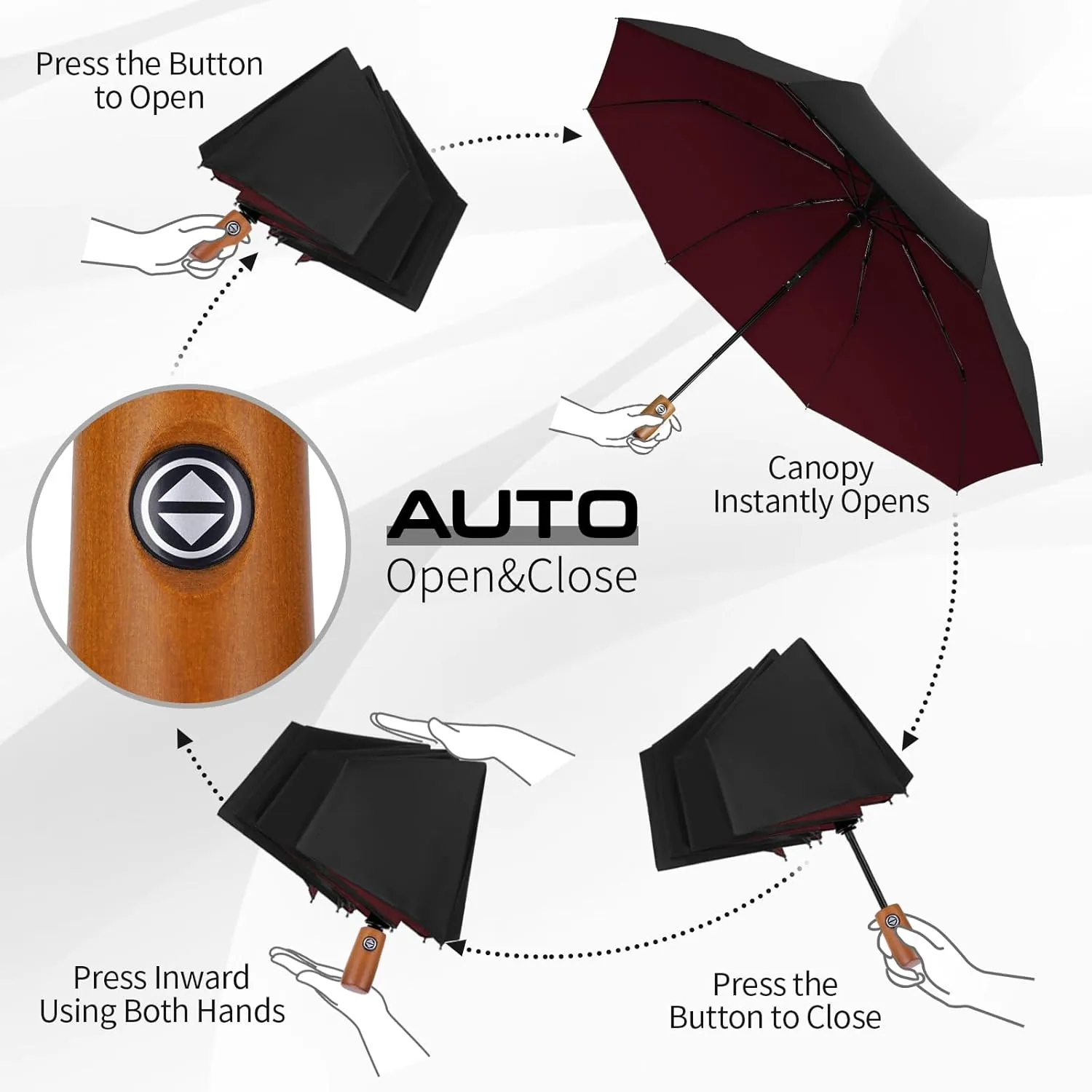 Yoobure Windproof Travel Umbrella with Wood Handle, Automatic Umbrellas for Rain & UV Sun Protection, Compact 46" Large Canopy, Lightweight Backpack Portable for Walking & Outdoor