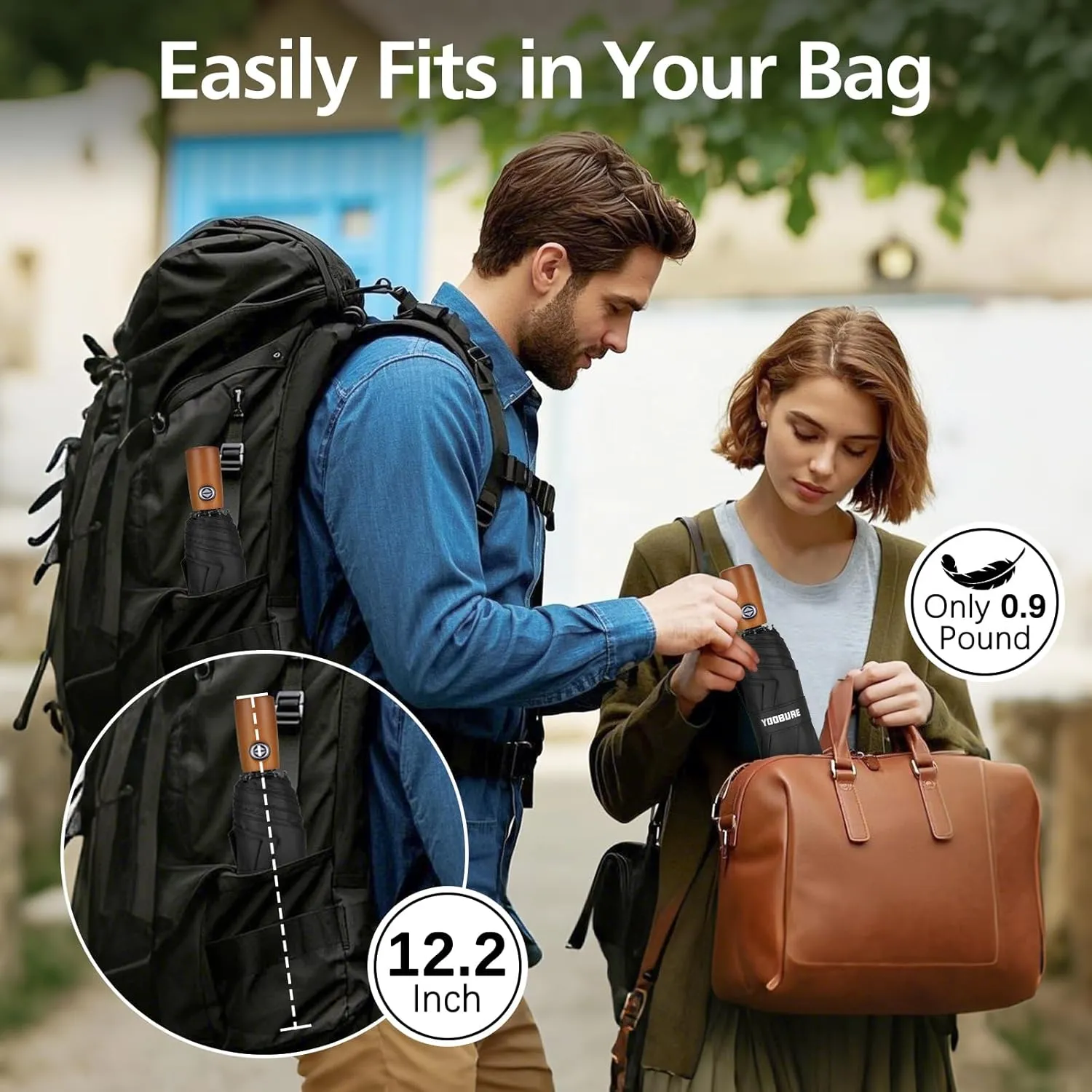 Yoobure Windproof Travel Umbrella with Wood Handle, Automatic Umbrellas for Rain & UV Sun Protection, Compact 46" Large Canopy, Lightweight Backpack Portable for Walking & Outdoor