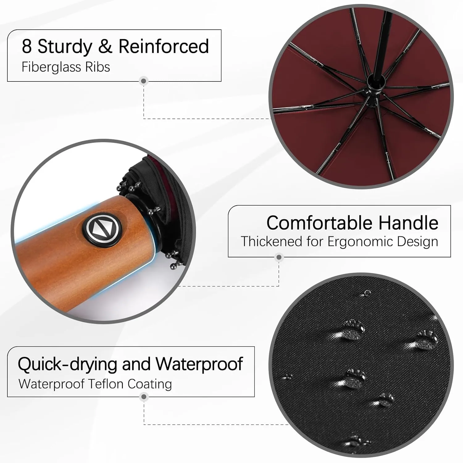 Yoobure Windproof Travel Umbrella with Wood Handle, Automatic Umbrellas for Rain & UV Sun Protection, Compact 46" Large Canopy, Lightweight Backpack Portable for Walking & Outdoor